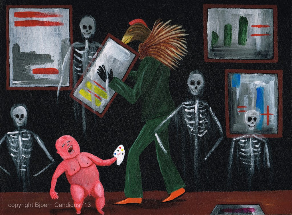 DER GEMÄLDEHASSER, DER LEIDTRAGENDE UND DIE GEISTER DER VERSTORBENEN WERKE / Acryl auf Leinwand / 30x40cm / 2013