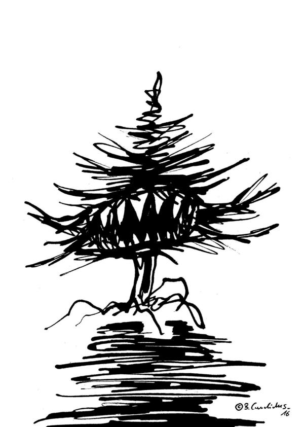 DER BAUM, DER NICHT GEFÄLLT WERDEN WILL / Tusche auf Papier / 29,7 x 21 cm / 2016