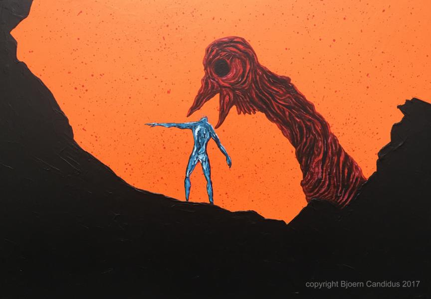 DEIN VOGEL FOLGT DIR STETS UND FRISST DICH / Acryl auf Holz / 41,5 x 58 cm / 2017