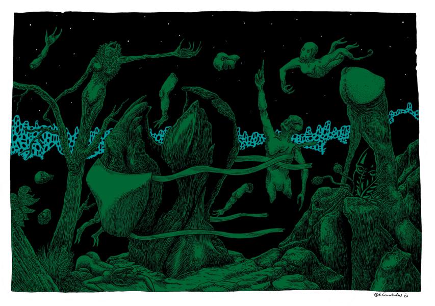 Bjoern Candidus 
DER GARTEN IN AUFRUHR (Colorierte Version)
Zeichnung, digital bearbeitet
2020