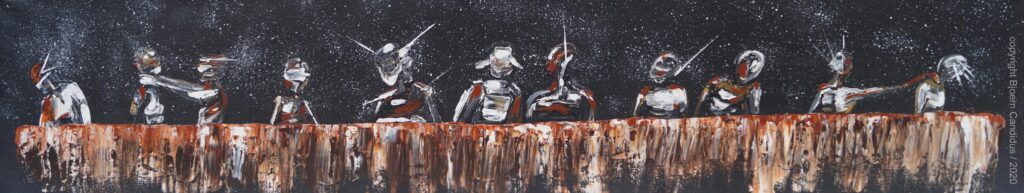 Bjoern Candidus 
EXTRAMUNDAN - DAS VORLETZTE ABENDMAHL 
Acryl auf Leinwand 
20 x 100 cm
2020