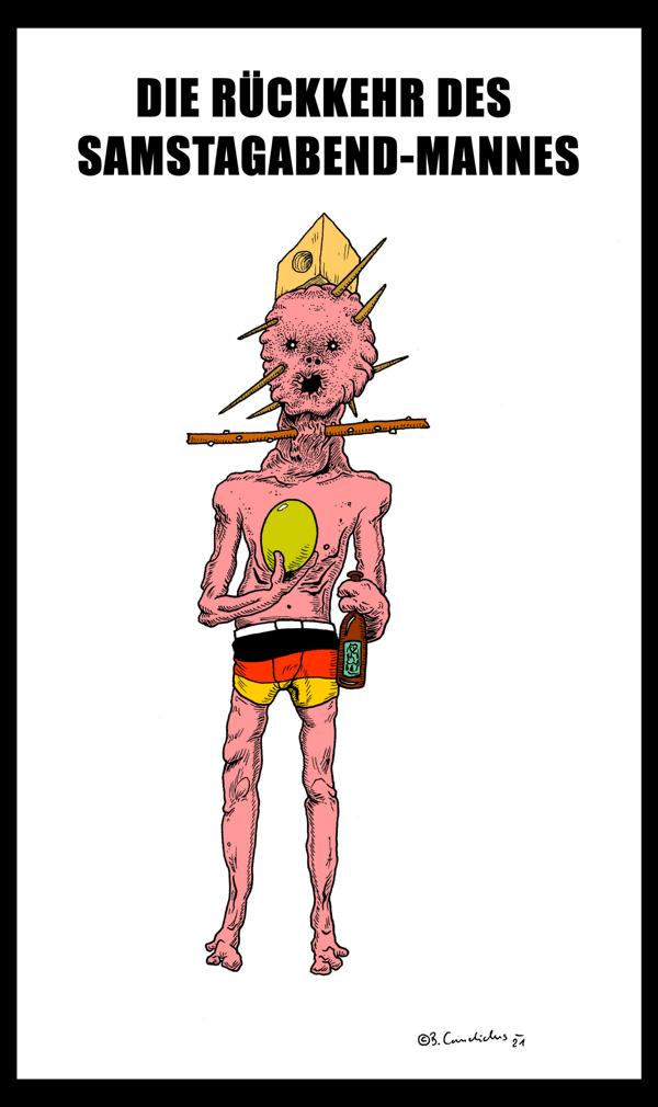 Bjoern Candidus - DIE RÜCKKEHR DES SAMSTAGABEND-MANNES / Zeichnung, digital bearbeitet / 2021