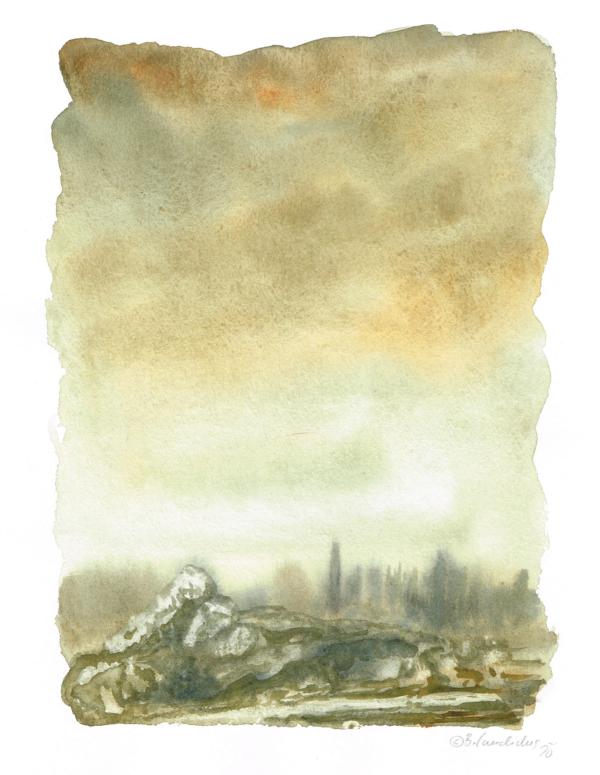 Bjoern Candidus
LANDSCHAFT VON MYRANA 3 / Aquarell auf Papier / 32 x 24 cm / 2020